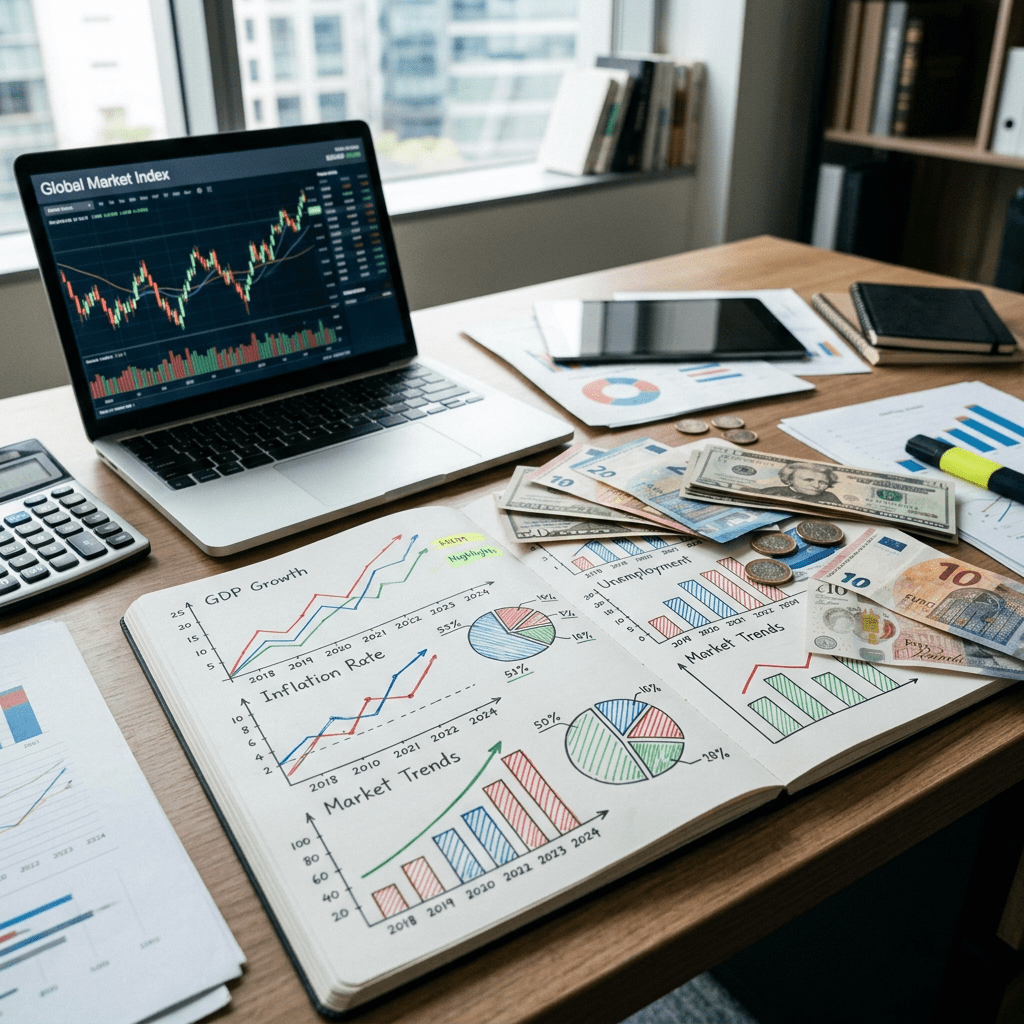 Laptop displaying global market index graph, notebook with economic charts, assorted currency notes and coins on desk
