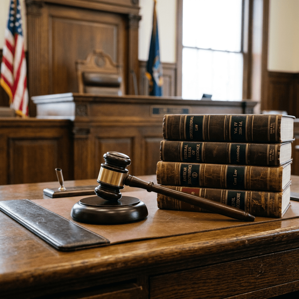 Judge's gavel and several legal books stacked on a wooden desk in a courtroom